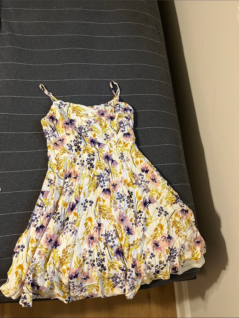 Old Navy White Floral Spaghetti-Strap Dress with Purple and Yellow Print